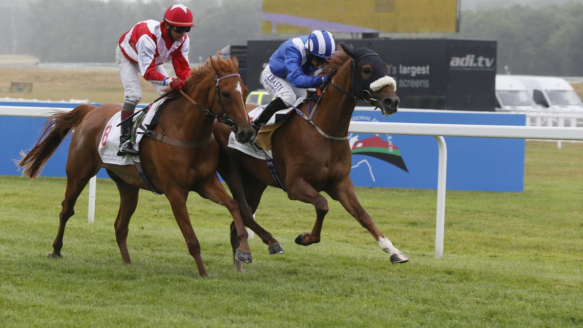 Sheikh Hamdan Bin Rashid Al Maktoum’s Rasaasy wins the Emirates Equestrian Federation International Stakes at Newbury. (Nabila Ramdani/ Al Arabiya News)