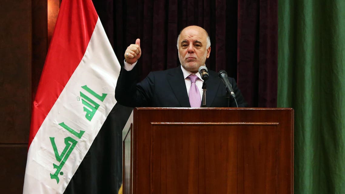 Iraqi Prime Minister Haider al-Abadi addresses the media during the International Youth Day celebration in Baghdad, Iraq, Wednesday, Aug. 12, 2015. Iraq's parliament on Tuesday unanimously approved an ambitious reform plan that would cut spending and eliminate senior posts, including the three largely symbolic vice presidencies, following mass protests against corruption and poor services. (AP Photo/Karim Kadim)