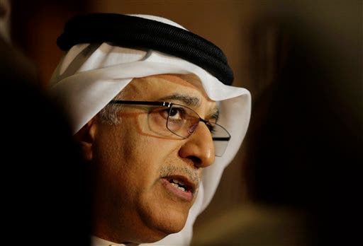 Asian Football Confederation President Sheikh Salman bin Ebrahim Al Khalifa speaks to journalists at the AFC Congress in Manama, Bahrain, Thursday, April 30, 2015. Sheikh Salman, who stood unopposed, was re-elected by acclamation for a four-year term until 2019. (AP Photo/Hasan Jamali)