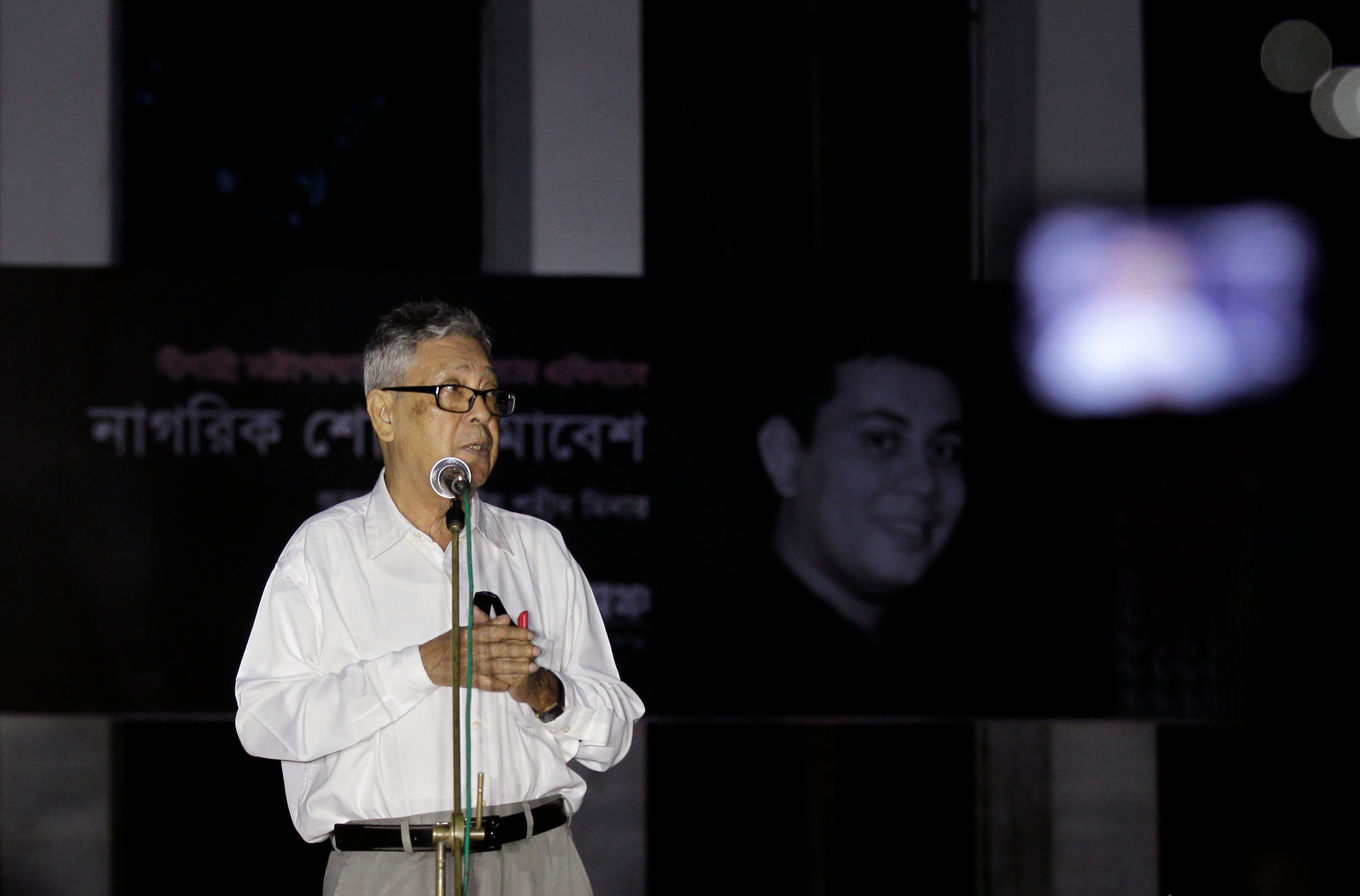 Ajay Roy, father of a prominent Bangladeshi-American blogger Avijit Roy, who was hacked to death on the streets of Bangladesh's capital, gives a speech during a protest against the killing of secular blogger Niladri Chottopadhay Niloy in Dhaka, Bangladesh, Friday, Aug. 14, 2015. Two suspected members of a Bangladeshi Muslim militant group, including one who was out on bail on a charge of attempted murder, were arrested in the killing of the secular blogger in the fourth such deadly attack this year. (AP Photo/A.M. Ahad)