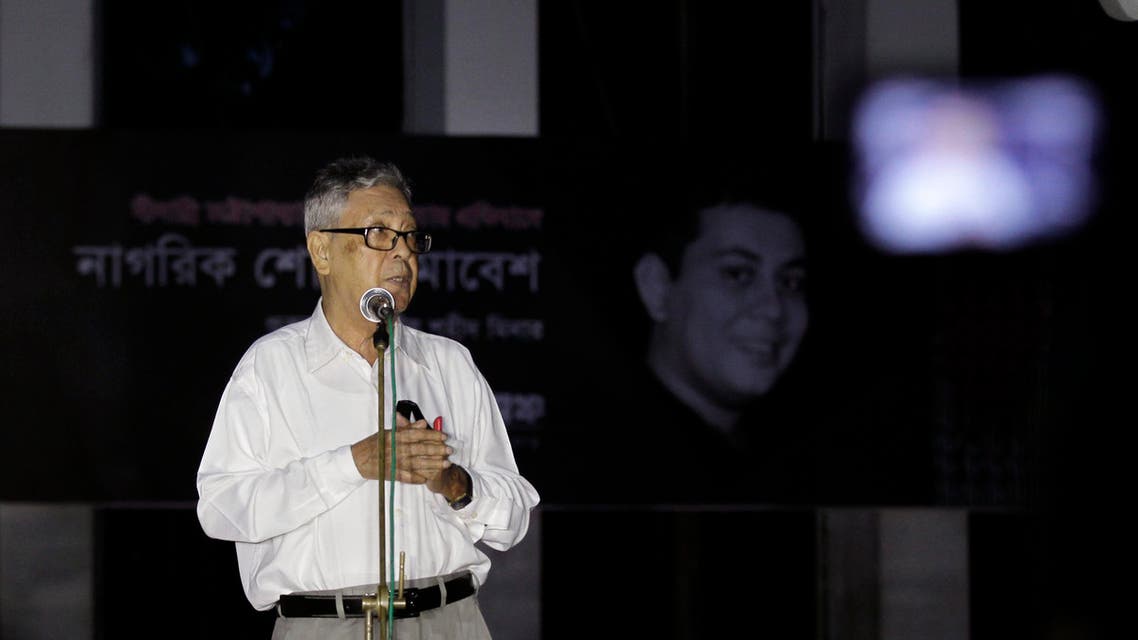 Ajay Roy, father of a prominent Bangladeshi-American blogger Avijit Roy, who was hacked to death on the streets of Bangladesh's capital, gives a speech during a protest against the killing of secular blogger Niladri Chottopadhay Niloy in Dhaka, Bangladesh, Friday, Aug. 14, 2015. Two suspected members of a Bangladeshi Muslim militant group, including one who was out on bail on a charge of attempted murder, were arrested in the killing of the secular blogger in the fourth such deadly attack this year. (AP Photo/A.M. Ahad)