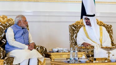 Crown Prince of Abu Dhabi and Deputy Supreme Commander of the UAE Armed Forces, right, receives Narendra Modi, Prime Minister of India, left, at the presidential lounge of the Abu Dhabi airport. (File photo: AP)
