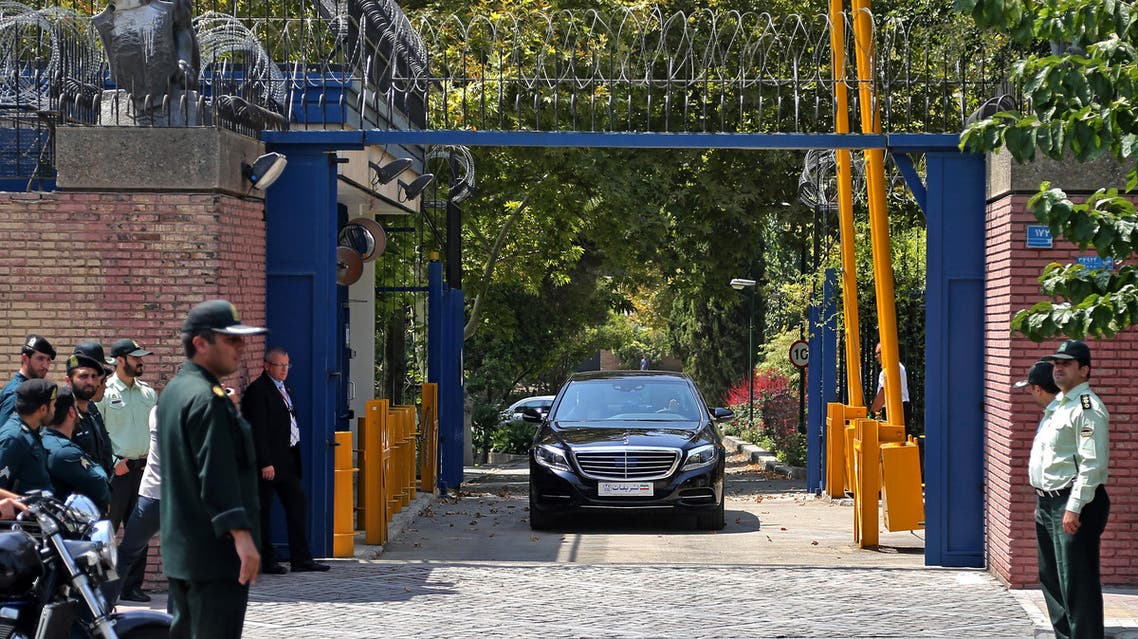 Escorted by Iranian police, a convoy carrying British Foreign Secretary Philip Hammond leaves the British Embassy in Tehran, Iran, Sunday, Aug. 23, 2015. (AP)