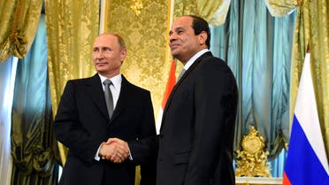In this photo provided by Egypt's state news agency MENA, Russian President Vladimir Putin, left, greets Egyptian President Abdel-Fattah el-Sisi in Moscow, Russia, Wednesday, Aug. 26, 2015. AP
