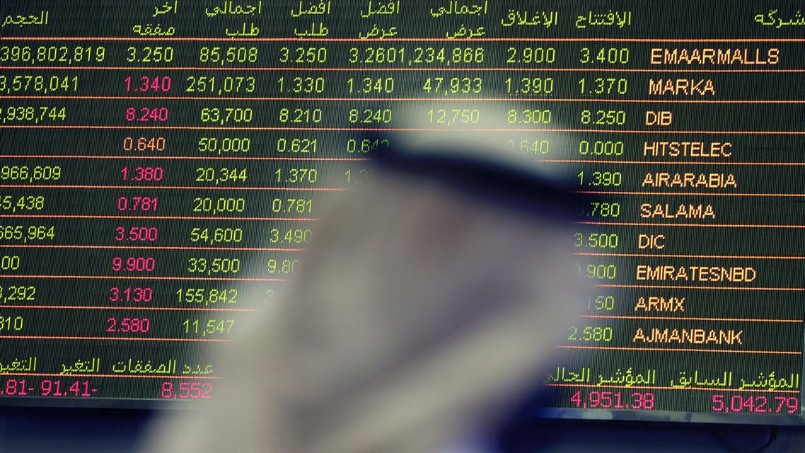 An Emirati trader checks the stocks of Emaar Malls on the screen at the Dubai Financial Market in United Arab Emirates, Thursday, Oct. 2, 2014. Shares in the owner of the Middle East's largest mall jumped over 12 percent in the first day of trading on the Dubai stock exchange after its initial public offering. (AP Photo/Kamran Jebreili)