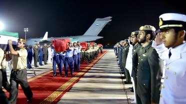 In this photo made available by Emirates News Agency, WAM, coffins containing the bodies of Emirati soldiers killed in Yemen arrive at the Al Bateen Airport early Saturday, Sept. 5, 2015, in Abu Dhabi, United Arab Emirates. (AP)