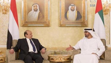 Sheikh Mohamed bin Zayed Al Nahyan, Crown Prince of Abu Dhabi and Deputy Supreme Commander of the UAE Armed Forces (R), receives Yemeni President Abdrabbu Mansour Hadi. (Photo courtesy: WAM news agency)