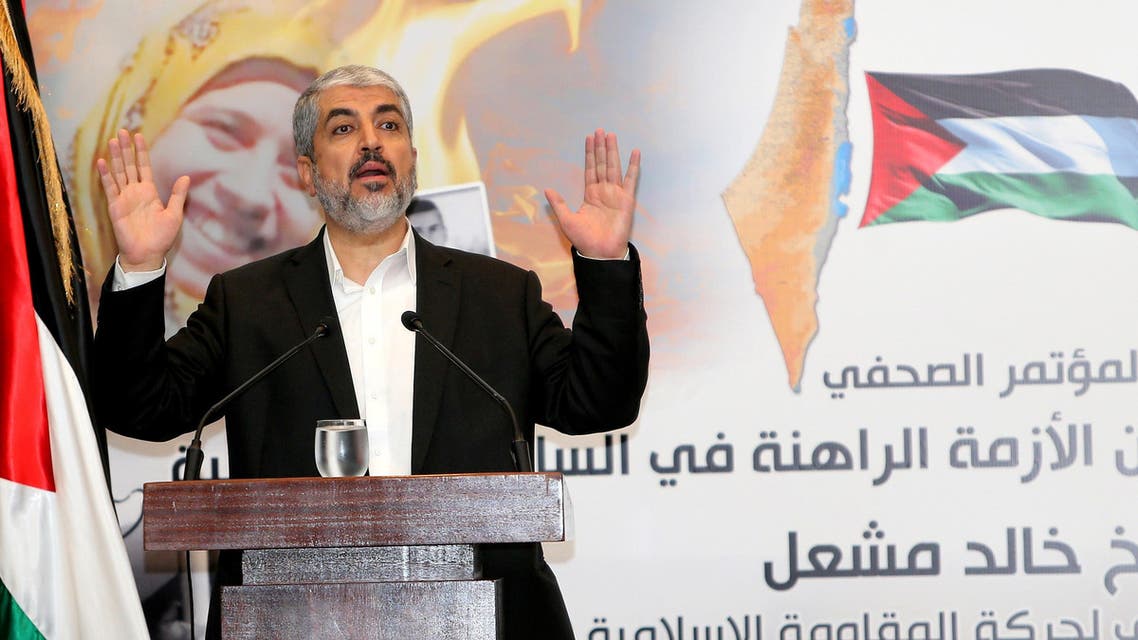 The exiled head of Palestinian Islamist movement Hamas, Khaled Meshaal, gestures during a press conference in the Qatari capital Doha. (AFP)