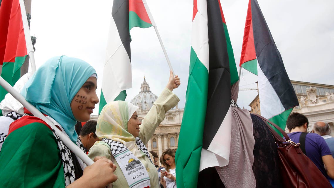A small group of pro Palestine demonstrators wave Palestinian flags as they wait for Pope Francis' Angelus noon prayer, in St. Peter's square at the Vatican, Sunday, Aug. 3, 2014. (AP)