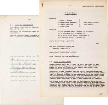 This undated photo provided by Heritage Auctions shows a 1961 contract written in German and signed by the Beatles - ap
