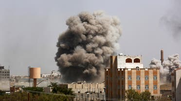  Smoke rises after a Saudi-led airstrike hits an army academy in Sanaa, Yemen, Sunday, Sept. 20, 2015. In the western province of Ibb, the Saudi-led coalition's airstrikes against a Shiite rebel stronghold and prison facility have killed more than 10 and wounded more than 50 rebels and civilians, security officials and witnesses said. (AP Photo/Hani Mohammed)