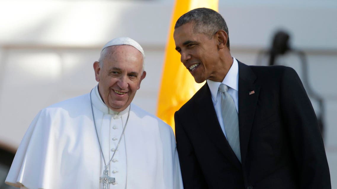 President Barack Obama leans over to talk to Pope Francis during a state arrival ceremony on the South Lawn of the White House in Washington, Wednesday, Sept. 23, 2015. (AP Photo/Pablo Martinez Monsivais)
