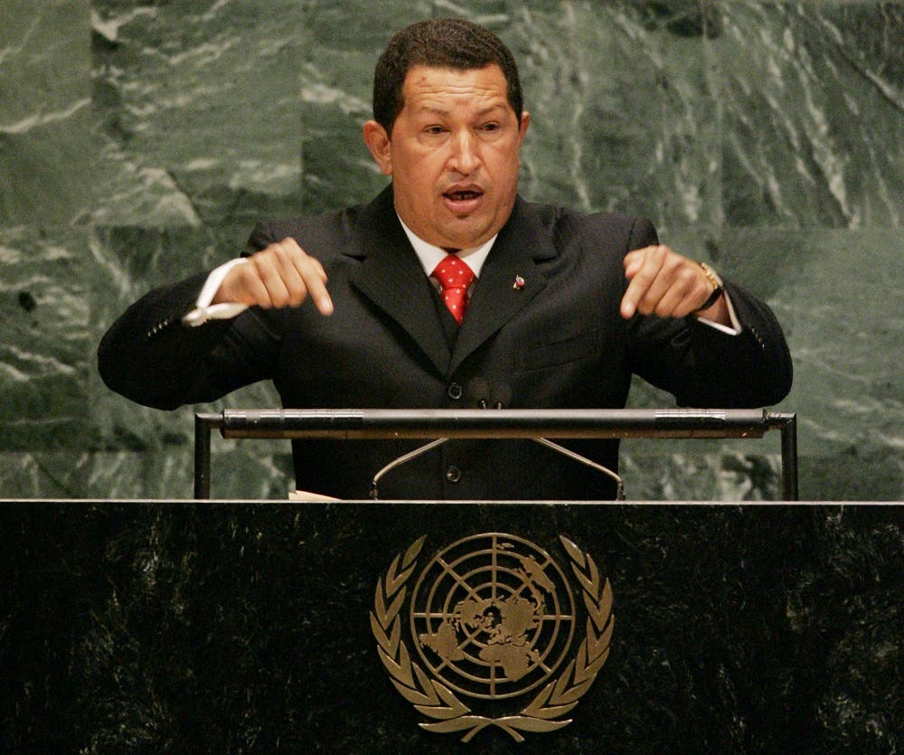 Venezuelan President Hugo Chavez addresses the 61st session of the United Nations General Assembly at U.N. headquarters, Wednesday, Sept. 20, 2006. (AP