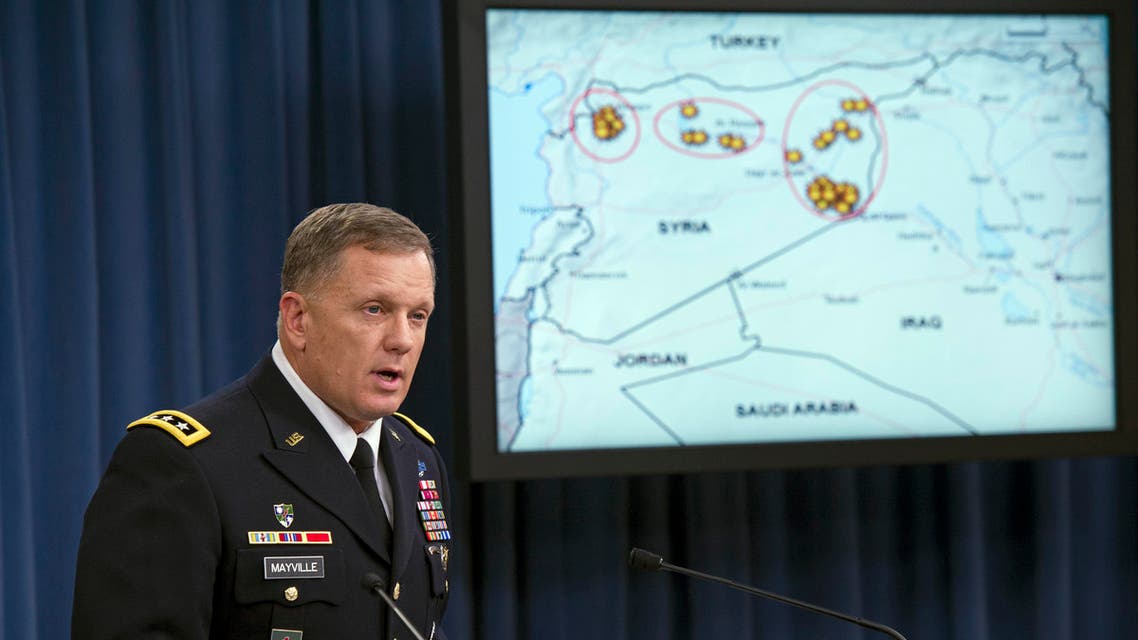  FILE - In this Tuesday, Sept. 23, 2014, file photo, Army Lt. Gen. William Mayville, Jr., Director of Operations J3, speaks about the operations in Syria during a news conference at the Pentagon. According to current and former U.S. officials, the Pentagon is grappling with significant intelligence gaps as it bombs Iraq and Syria, and it is operating under less restrictive targeting rules than those President Barack Obama imposed on the CIA drone campaign in Pakistan and Yemen. (AP Photo/Cliff Owen, File)
