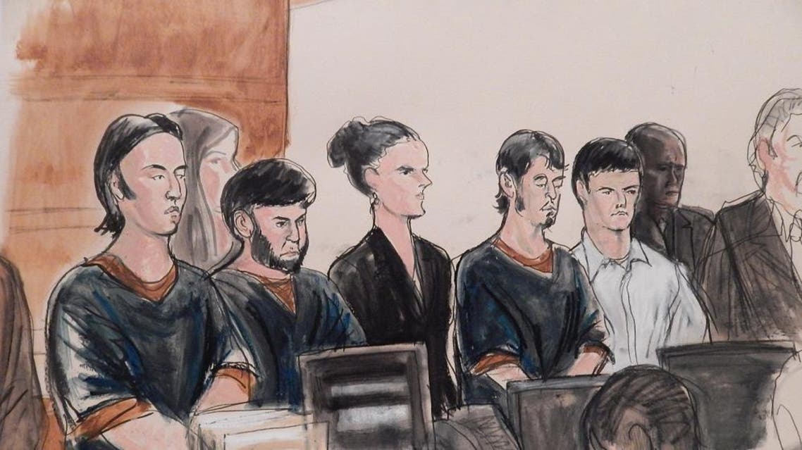 Four men accused of plotting to send U.S. residents overseas to fight for the Islamic State, Akhror Saidakhmetov, left, Abror Habibov, second from left, Abdurasul Hasanovich Juraboev, fourth from left, and Dilkhayot Kasimov, fifth from left, appear in a New York City courtroom Wednesday, April 8, 2015. (File: AP)