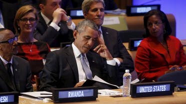 U.S. President Obama looks down during the Leaders' Summit on Peacekeeping at the United Nations General Assembly in New York