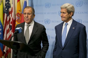  US Secretary of State John Kerry (R) and Russia Foreign Minister Sergey Lavrov speak to the media after a meeting concerning Syria at the United Nations headquarters in New York on September 30, 2015. afp