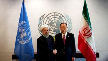  Iran’s President Hassan Rouhani, left, meets United Nations Secretary-General Ban Ki-moon, right, Saturday, Sept. 26, 2015 at United Nations headquarters. (AP Photo)