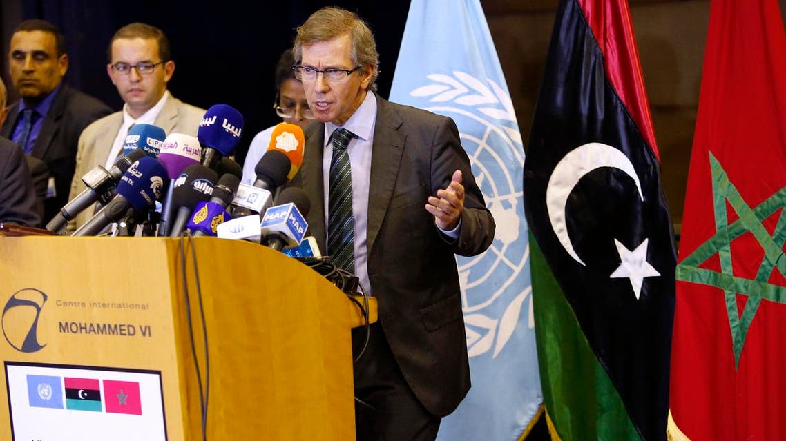U.N. representative for Libya, Bernardino Leon, gestures as he addresses reporters in Skhirat, Morocco. (File photo: AP)