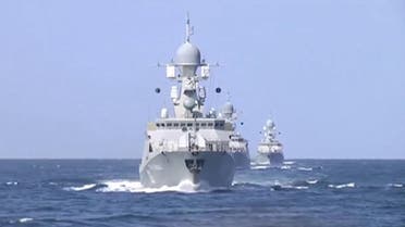 Frame grab shows shows Russian warships sailing in the Caspian Sea. (Reuters)