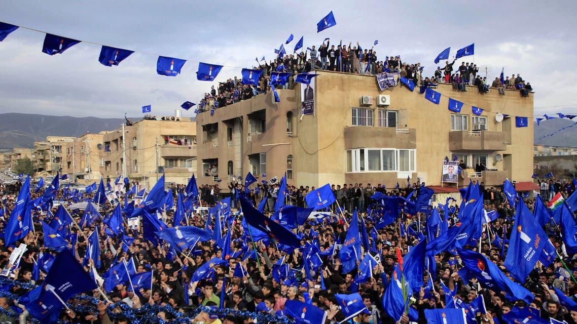 Thousands of supporters of the Kurdish opposition "Gorran" or "Change" movement attend a rally led by the party's leader Nosherwan Mustafa, unseen, a former Patriotic Union of Kurdistan (PUK) insider who broke with the party after he was unable to push through reforms, in Sulaimaniyah, 160 miles (260 kilometers) northeast of Baghdad, in Iraq, Wednesday, March 3, 2010. Iraqis are due to go to the polls March 7 for national elections. (AP Photo/Yahya Ahmed)