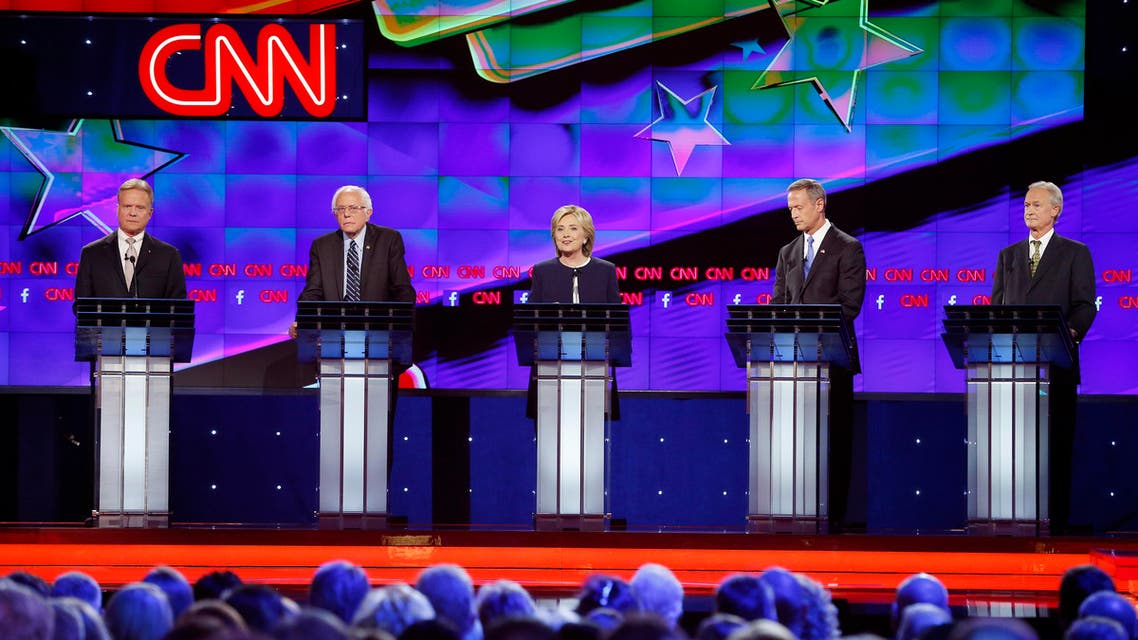 Democratic presidential candidates from left, former Virginia Sen. Jim Webb, Sen. Bernie Sanders, of Vermont, Hillary Rodham Clinton, former Maryland Gov. Martin O'Malley, and former Rhode Island Gov. Lincoln Chafee take the stage before the CNN Democratic presidential debate Tuesday, Oct. 13, 2015, in Las Vegas.
