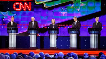Democratic presidential candidates from left, former Virginia Sen. Jim Webb, Sen. Bernie Sanders, of Vermont, Hillary Rodham Clinton, former Maryland Gov. Martin O'Malley, and former Rhode Island Gov. Lincoln Chafee take the stage before the CNN Democratic presidential debate Tuesday, Oct. 13, 2015, in Las Vegas.
