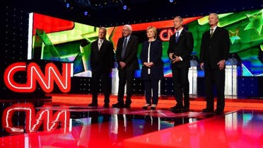 Democratic Presidential candidates (L-R) Jim Webb, Bernie Sanders, Hillary Rodham Clinton, Martin O'Malley, and Lincoln Chafee take the stage during the first Democratic presidential debate in Las Vegas. (AFP)