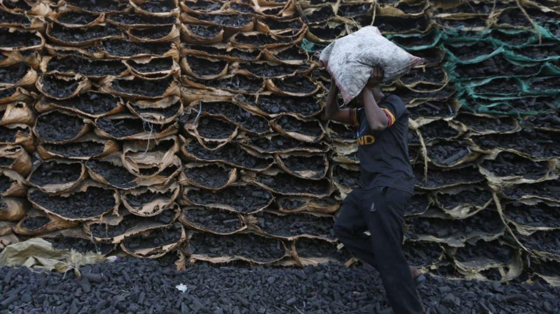 A worker carries a bag containing coals before being sold at one of the charcoal sites in Jeddah March 14, 2014. (Reuters)