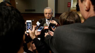 Saudi Arabia Ambassador to the United Nations Abdallah Y. Al-Mouallimi, center, speaks to reporters outside a Security Council consultation Saturday, April 4, 2015. (AP)