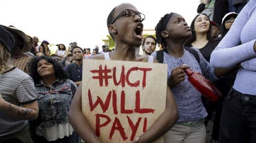 Students protest during a mass demonstration on the steps of Jameson Hall at the University of Cape Town. (Reuters)