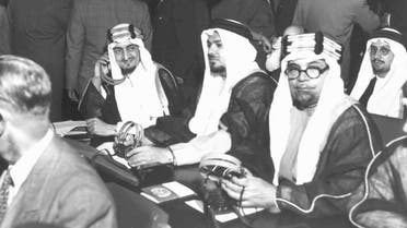 Members of the Saudi Arabian Delegation seated in Assembly Hall before the opening meeting of the second regular session of United Nations General Assembly are, left to right: H.R.H Prince Faisal bin Abdul Aziz, Chairman of delegation; Shaikh Ali A. Alireza, Representative; Shaikh Hafiz Wahba, Representative. Flushing Meadows, New York, 16 September 1947. (Courtesy of U.N.)
