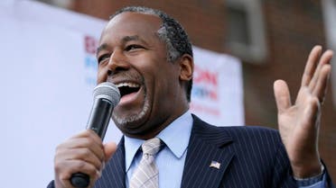 Republican presidential candidate Dr. Ben Carson speaks outside the Alpha Gamma Rho fraternity at Iowa State University. (AP)