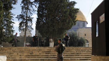 Israeli police stands guard at the entrance to Al-Aqsa compound in Jerusalem's Old City Thursday, Oct. 8, 2015. AP 