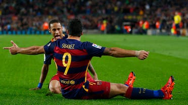 FC Barcelona's Luis Suarez, front, celebrates after scoring against Eibar with his teammate Neymar during a Spanish La Liga soccer match at the Camp Nou stadium in Barcelona, Spain, Sunday, Oct. 25, 2015. (AP)