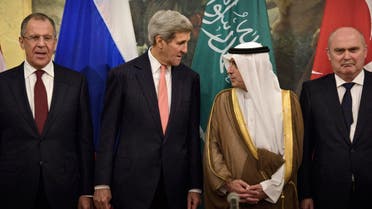 From left, Russian Foreign Minister Sergei Lavrov, Secretary of State John Kerry, Saudi Foreign Minister Adel al-Jubeir and Turkish Foreign Minister Feridun Sinirlioglu stand together before a meeting in Vienna, Austria, Thursday, Oct. 29, 2015. AP