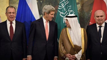 From left, Russian Foreign Minister Sergei Lavrov, Secretary of State John Kerry, Saudi Foreign Minister Adel al-Jubeir and Turkish Foreign Minister Feridun Sinirlioglu stand together before a meeting in Vienna, Austria, Thursday, Oct. 29, 2015 (Reuters)