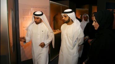 Curator of Sharjah Archaeology Museum Nasir Al-Darmaki explains an exhibit to Sheikh Salim Bin Abdulrahman Al-Qasimi. (Photo courtesy: Saudi Gazette)