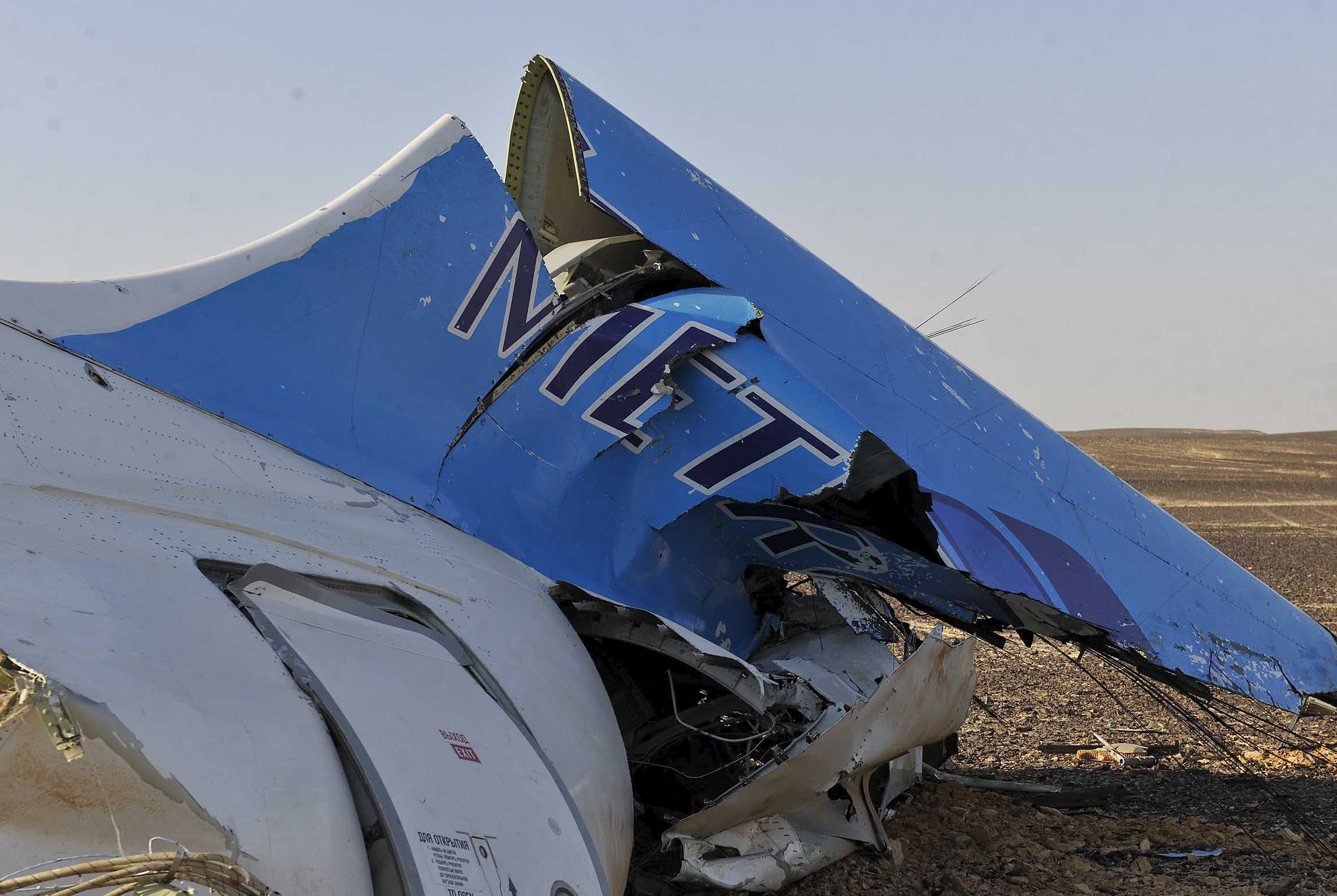 The remains of a Russian airliner which crashed is seen in central Sinai near El Arish city, north Egypt, October 31, 2015. The Airbus A321, operated by Russian airline Kogalymavia under the brand name Metrojet, carrying 224 passengers crashed into a mountainous area of Egypt's Sinai peninsula on Saturday shortly after losing radar contact near cruising altitude, killing all aboard. REUTERS/Stringer TPX IMAGES OF THE DAY