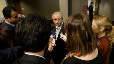 Saudi Arabia Ambassador to the United Nations Abdallah Y. Al-Mouallimi, center, speaks to reporters outside a Security Council consultation. (File photo: AP)