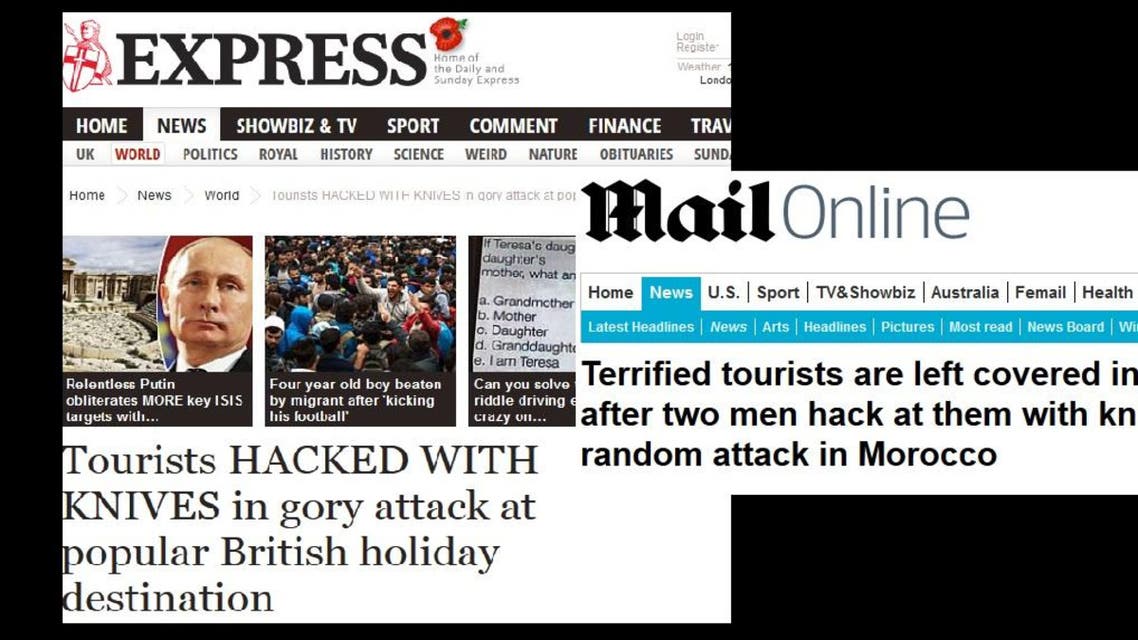 UK daily the Express ran the headline “Tourists HACKED WITH KNIVES in gory attack at popular British holiday destination.” (Screenshot via Express and Daily Mail)