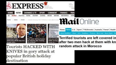 UK daily the Express ran the headline “Tourists HACKED WITH KNIVES in gory attack at popular British holiday destination.” (Screenshot via Express and Daily Mail)