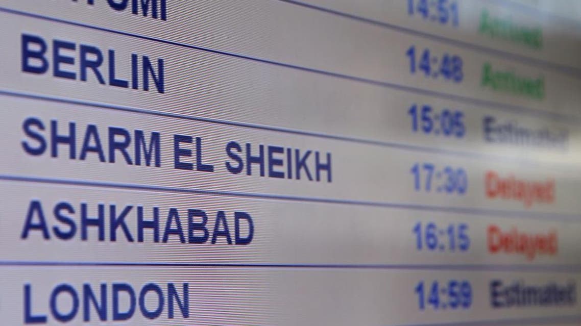 An electronic board, which displays information on flights including the one from the Egyptian resort of Sharm al-Sheikh marked as delayed, is on display at Domodedovo airport outside Moscow, Russia, November 7, 2015. reuters