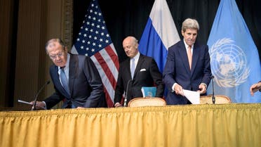 From left, Russian Foreign Minister Sergei Lavrov, UN Special Envoy for Syria Staffan de Mistura and Secretary of State John Kerry arrive for a news conference in Vienna, Austria, Friday, Oct. 30, 2015.