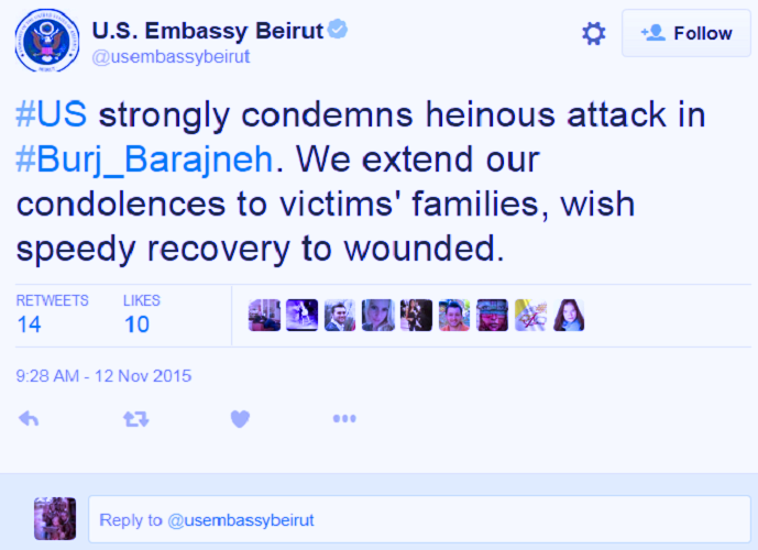 السفارة الأميركية في بيروت أدانت التفجير عبر حسابها التويتري، وقدمت تعازيها لذوي القتلى
