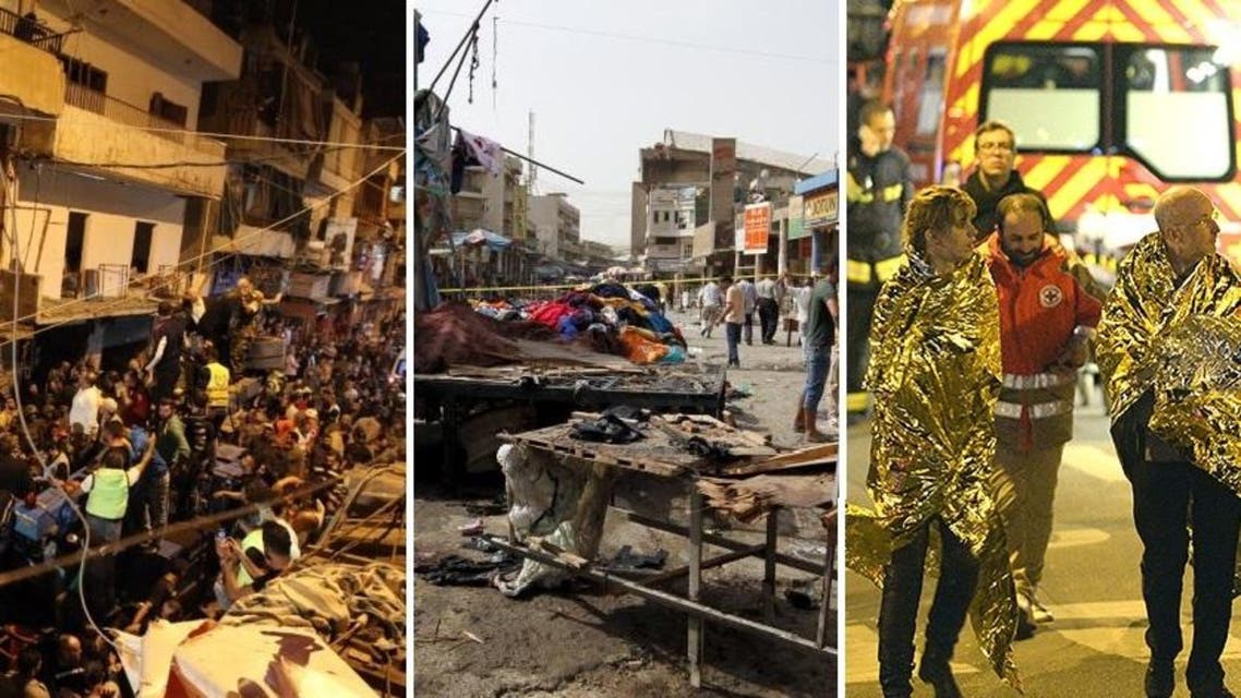 (L-R): ISIS attacks this week in Beirut, Baghdad and Paris (Reuters/AFP/AP)