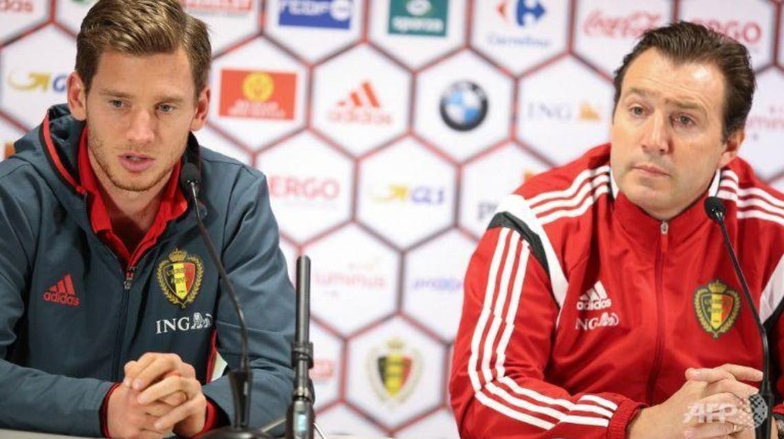 Belgium's national football team player Jan Vertonghen (left) and head coach Marc Wilmots attend a press conference on Nov 16, 2015 in Brussels. (AFP)
