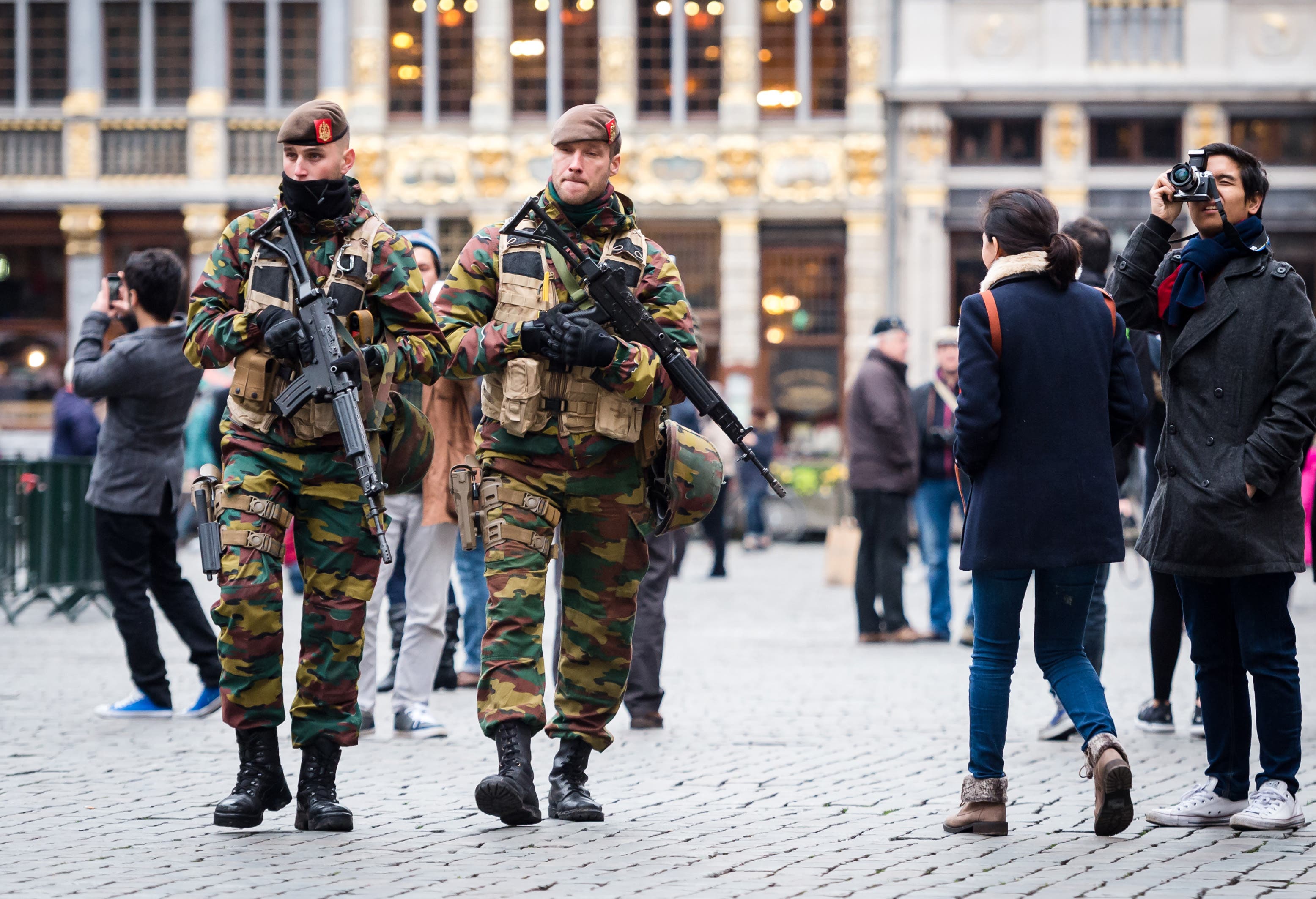 Belgian Army soldiers patrol in the picturesque Grand Place in the center of Brussels on Friday, Nov. 20, 2015. 