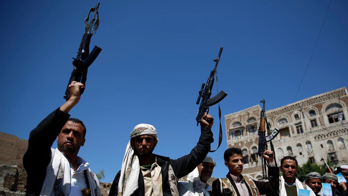 Shiite fighters, known as Houthis, hold up their weapons during a tribal gathering showing support to the Houthi movement in Sanaa, Yemen, Thursday, Oct. 22, 2015. (AP Photo/Hani Mohammed)