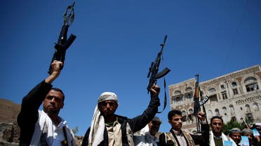 Shiite fighters, known as Houthis, hold up their weapons during a tribal gathering showing support to the Houthi movement in Sanaa, Yemen, Thursday, Oct. 22, 2015. (AP Photo/Hani Mohammed)